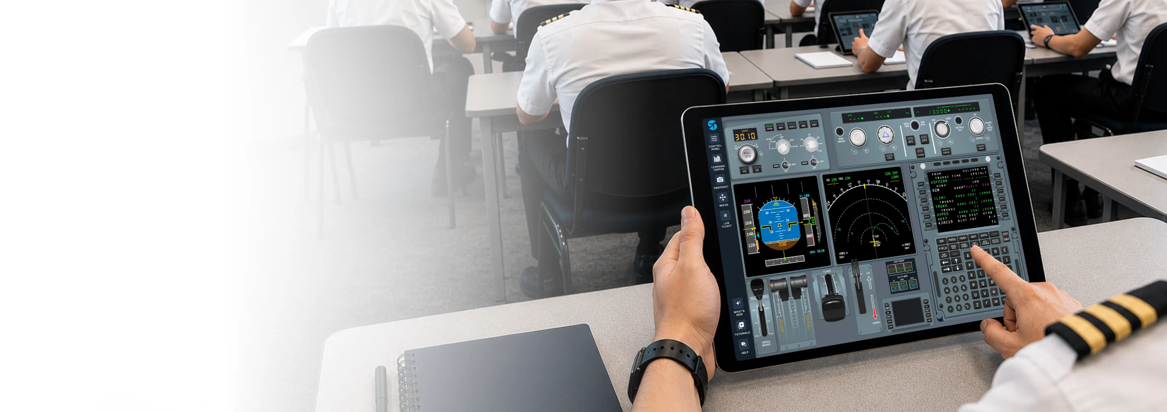 Pilot trainees in a classroom using the SimViz Labs iPad FMST