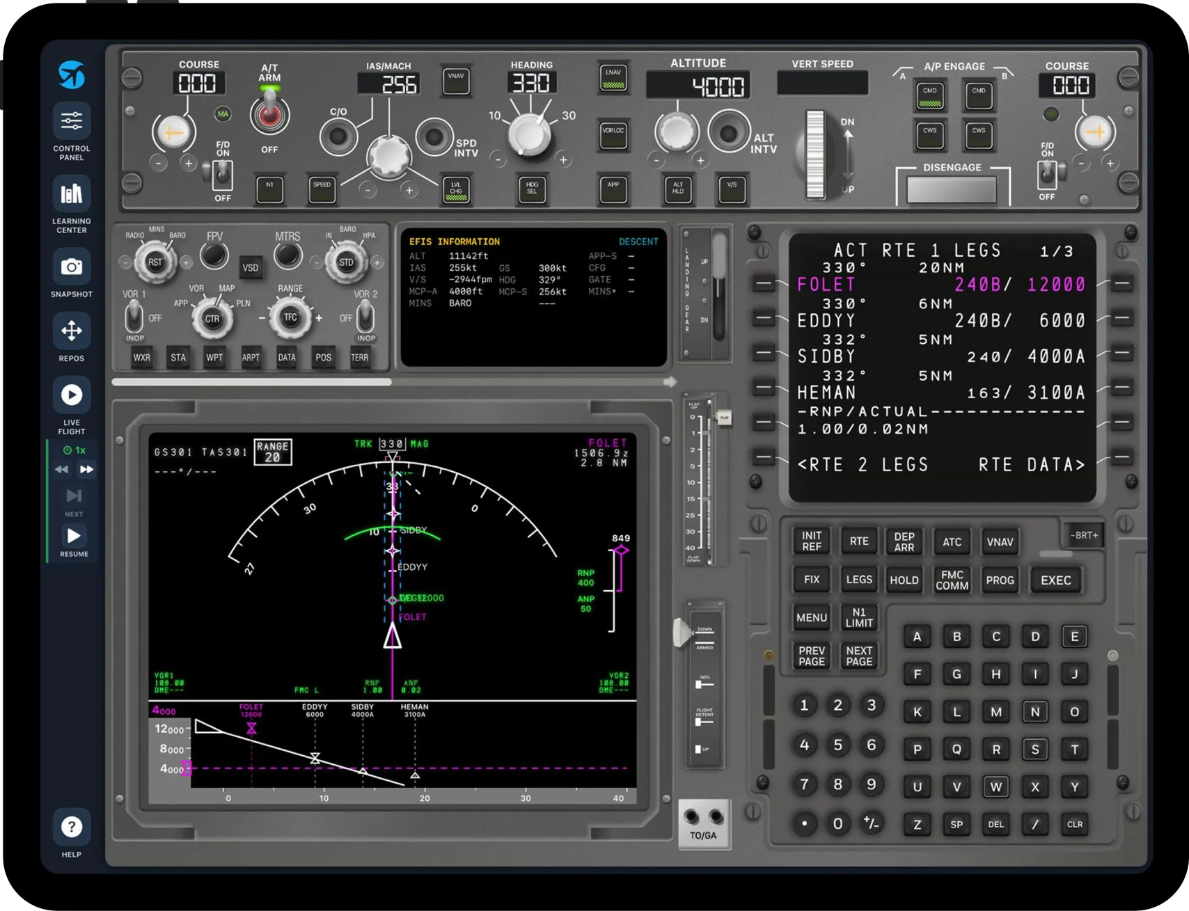 B737 MAX FMS simulator showing an RNP approach route on the navigation display