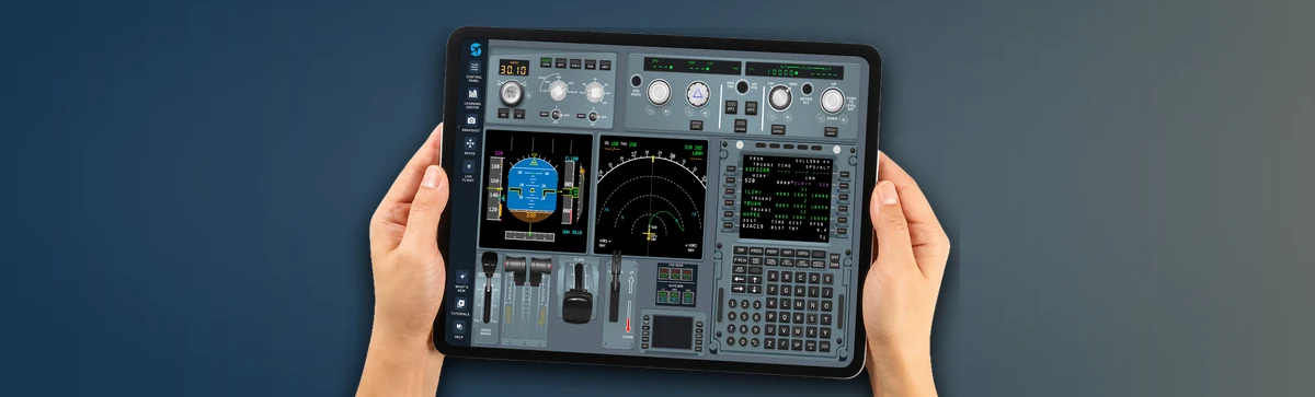 Hands holding an iPad running the SimViz Labs A320 FMS trainer