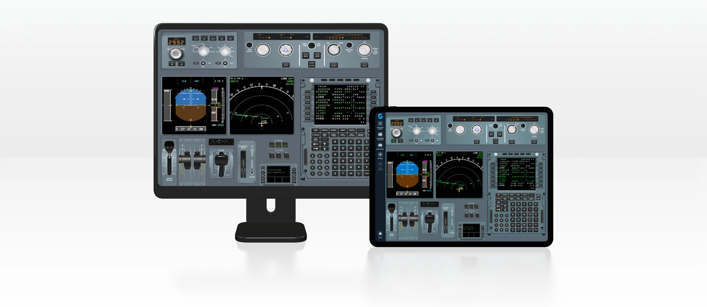A320 FMS trainer on an iPad and a desktop display